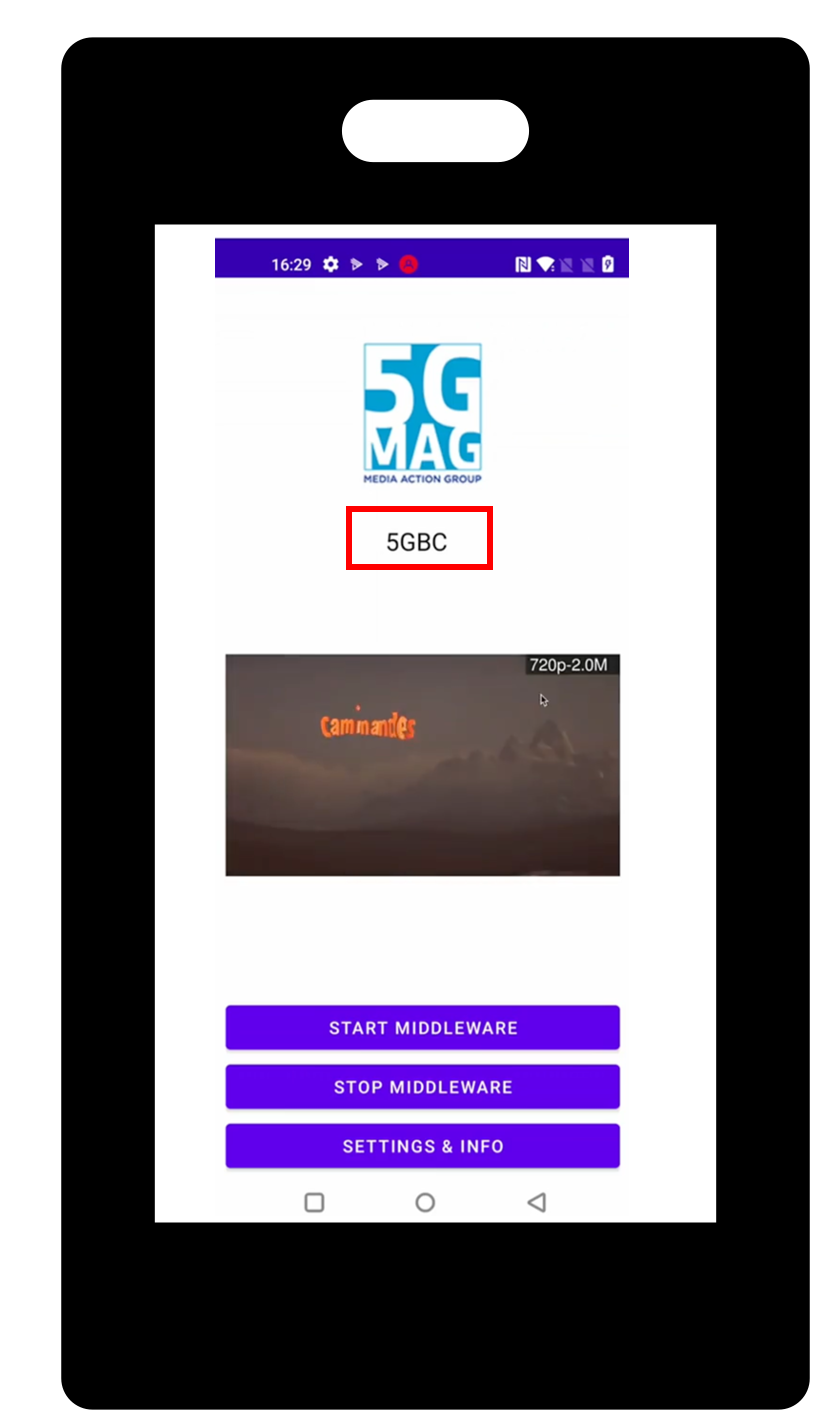 Android device playing the stream over 5G Broadcast, labelled 5GBC