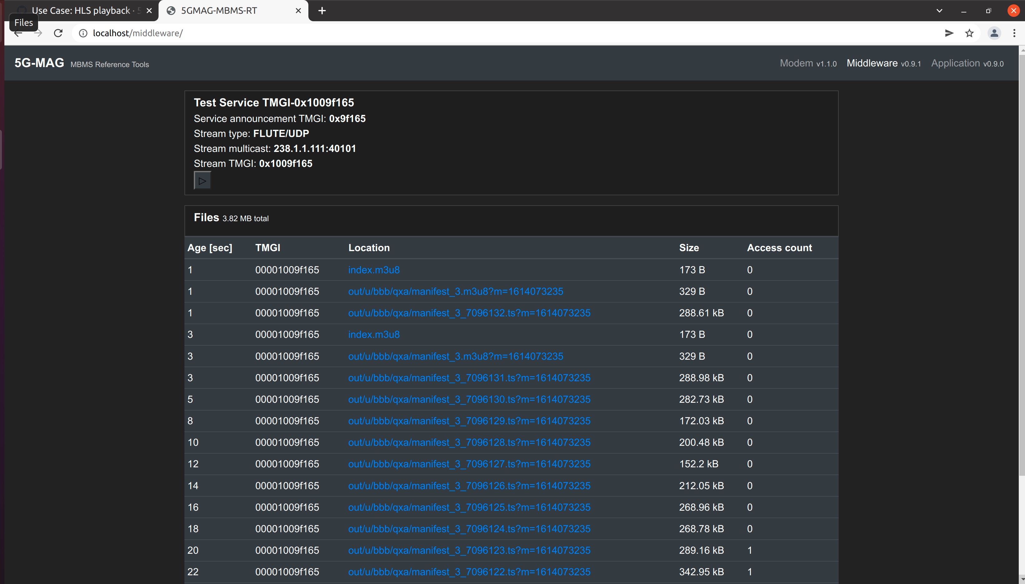 Web User Interface Middleware tab showing the received stream information
