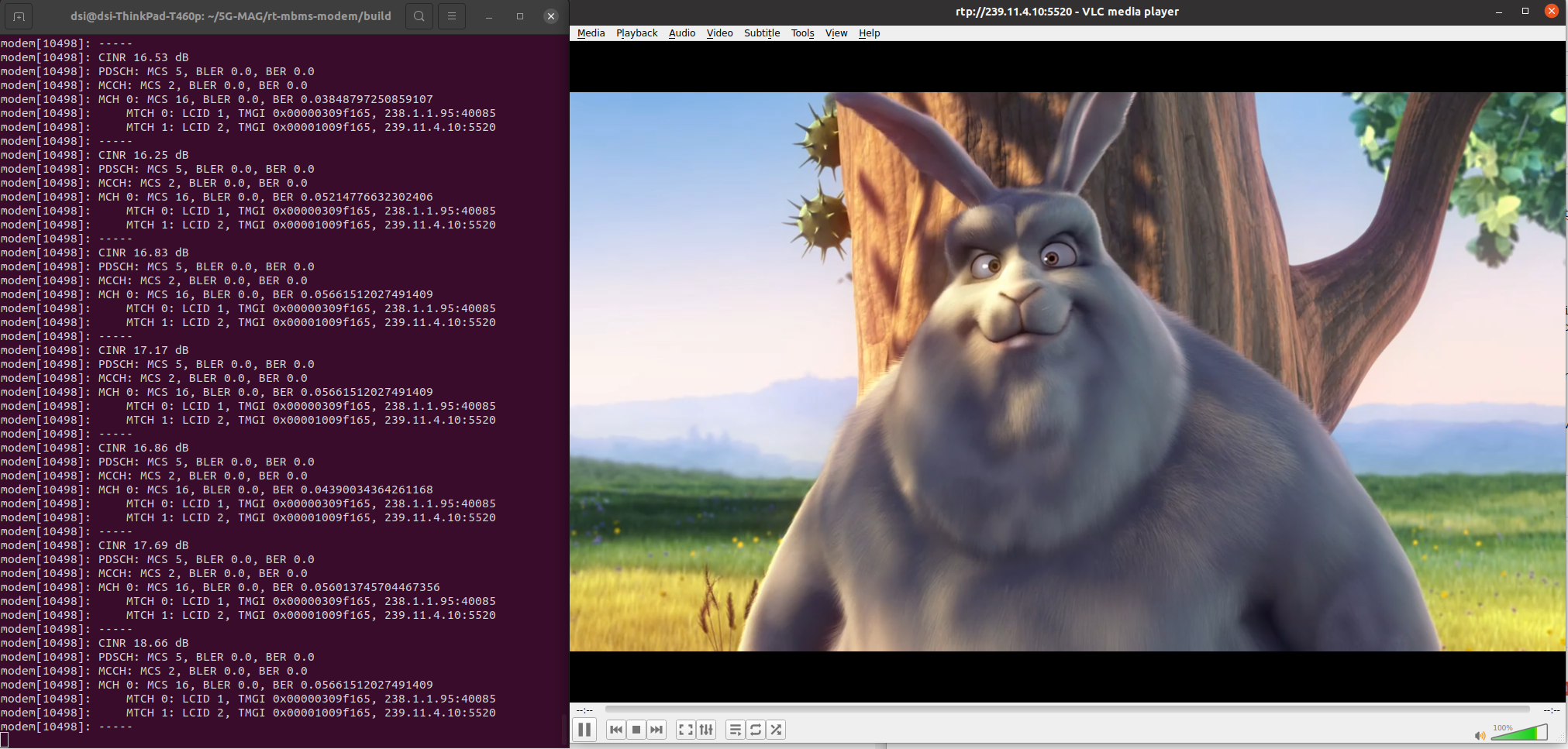 VLC window showing the RTP stream received over 5G Broadcast