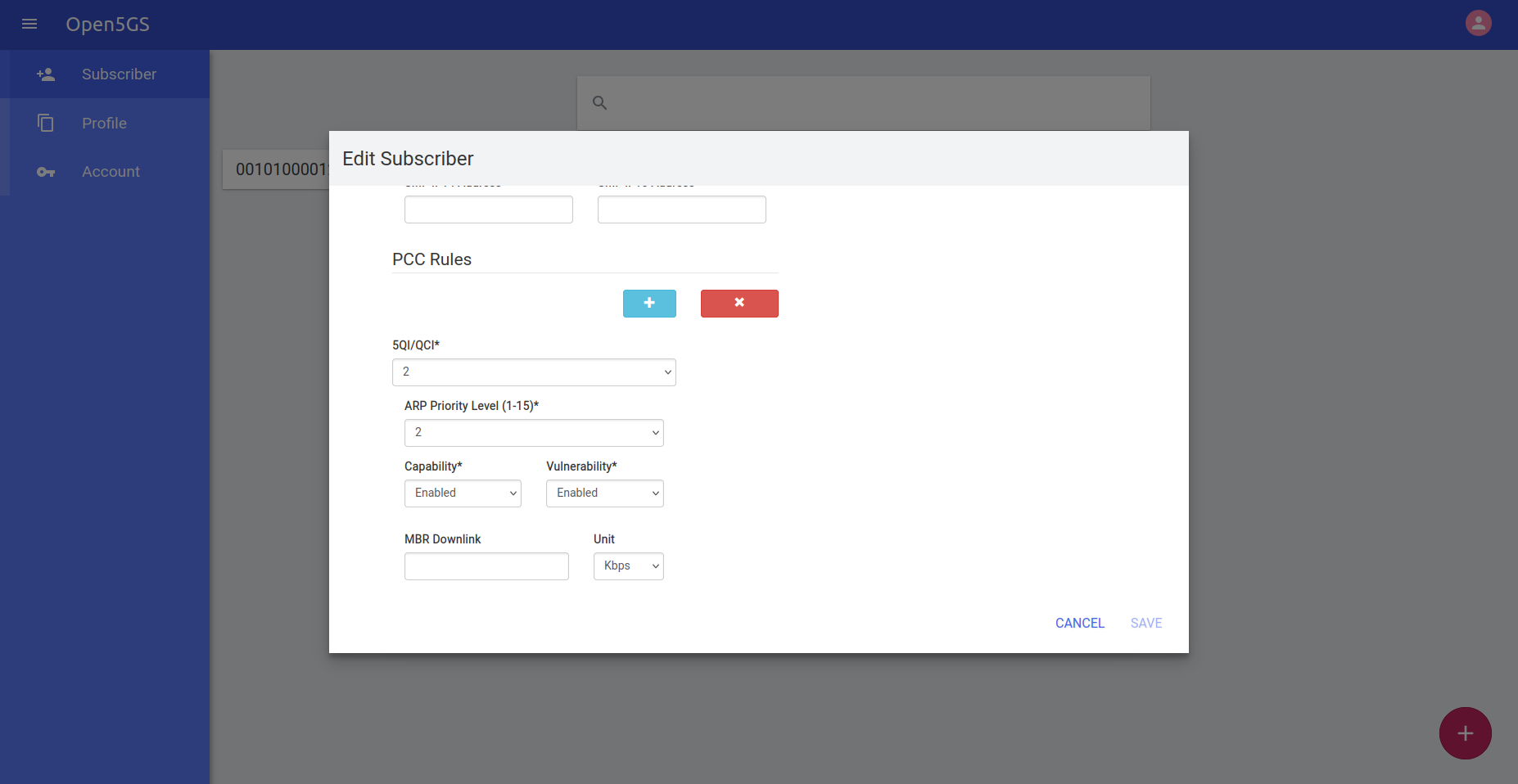 Open5GS WebUI showing the PCC rules configured for 5QI 2 (video) used by the PCF Policy Authorization example