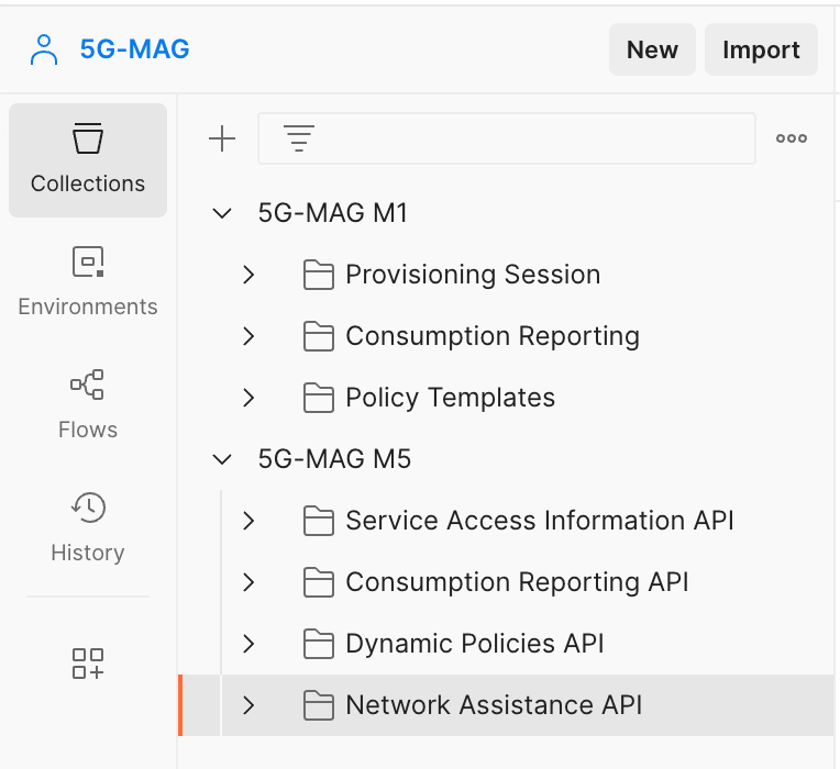 Postman sidebar showing the three imported 5G-MAG collections (M1, M5, MAF)