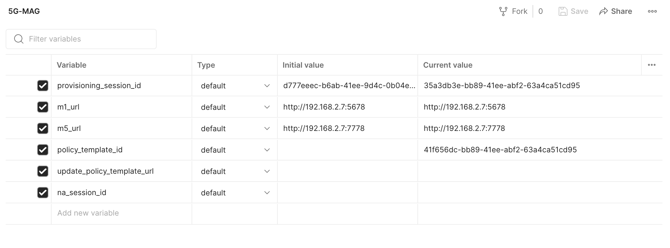 Postman environment editor listing the m1_url, m5_url and maf_url variables