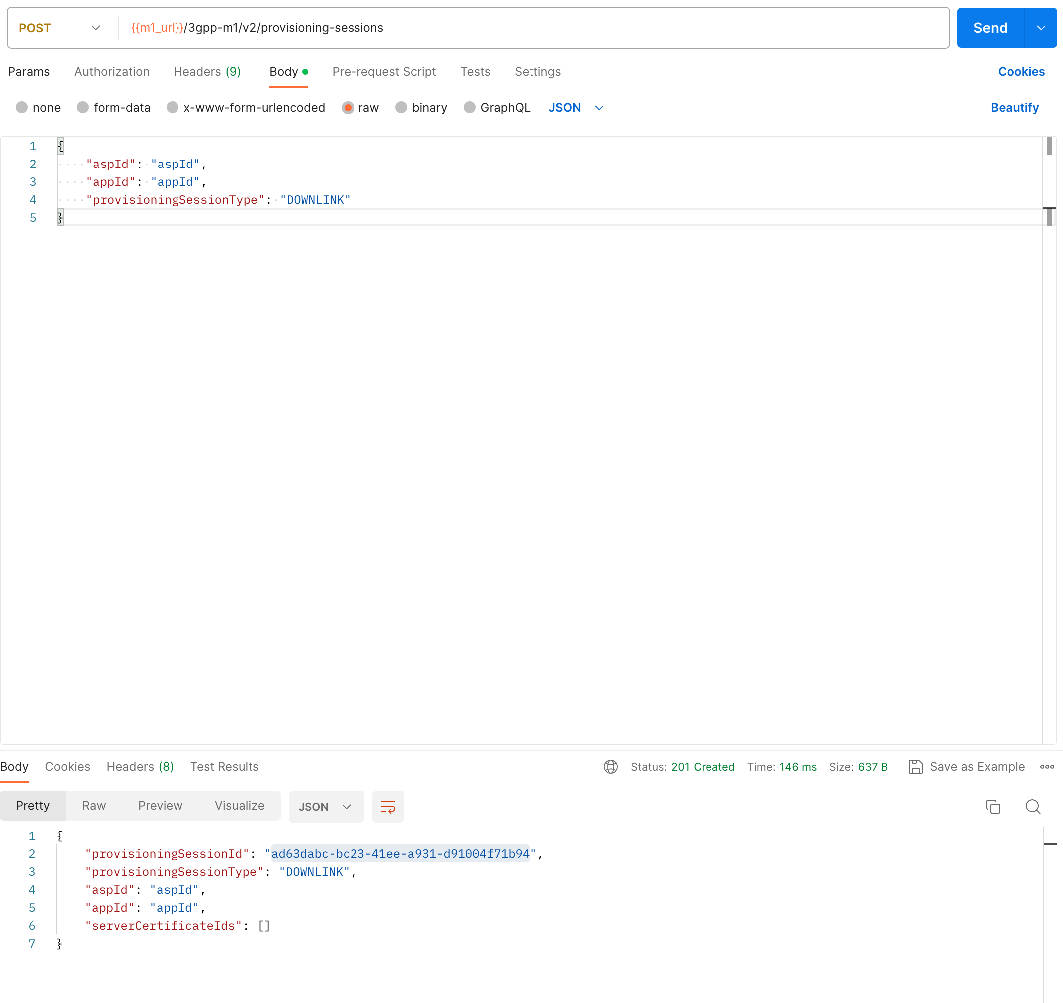 Postman showing a successful 201 response after creating a Provisioning Session