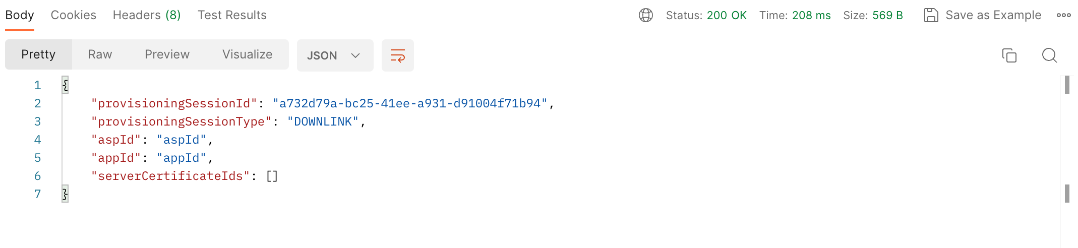 Postman showing the response body of a GET Provisioning Session request