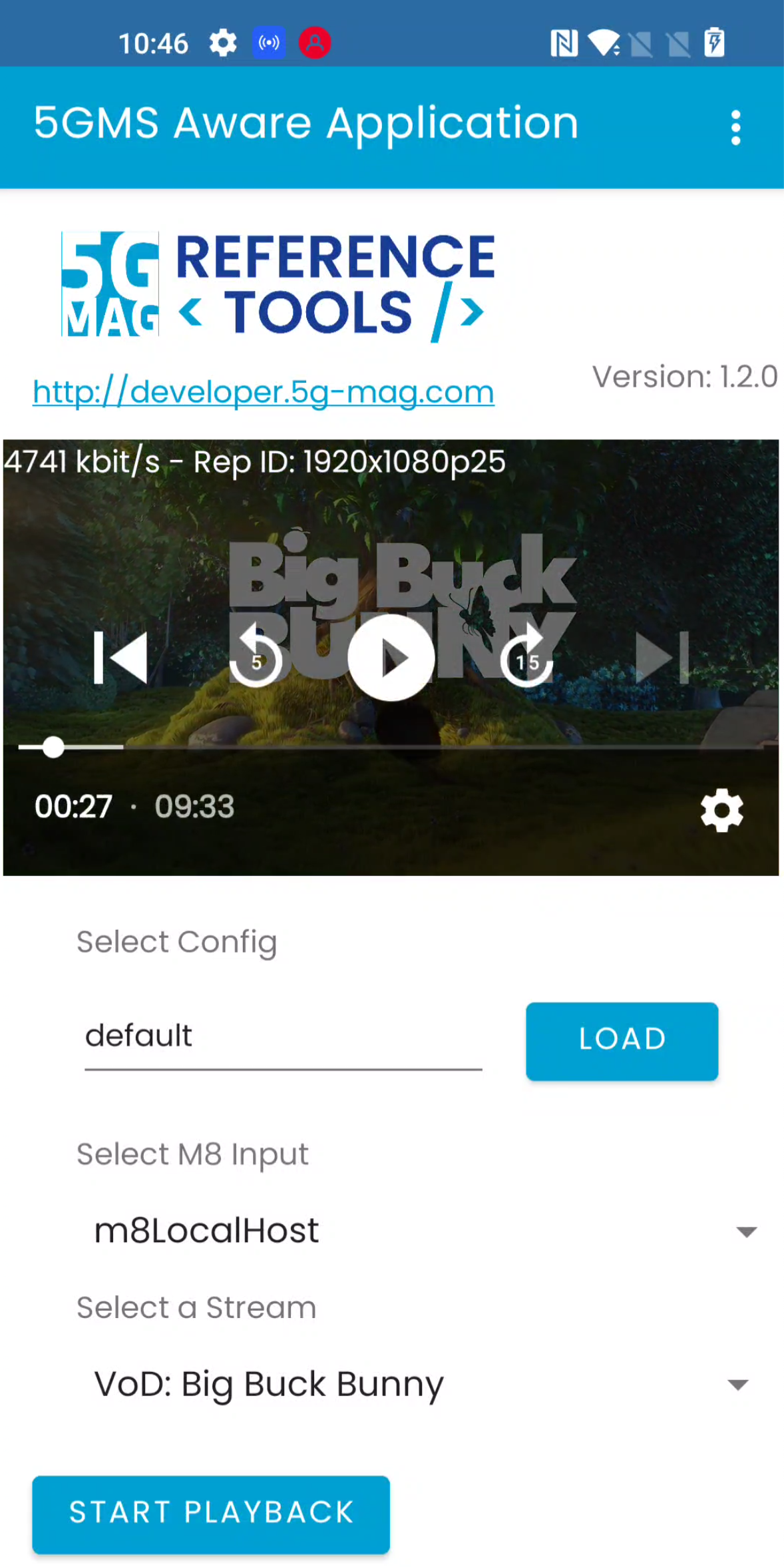 5GMSd-Aware Application playing a stream on Android while CMCD reports are collected and sent