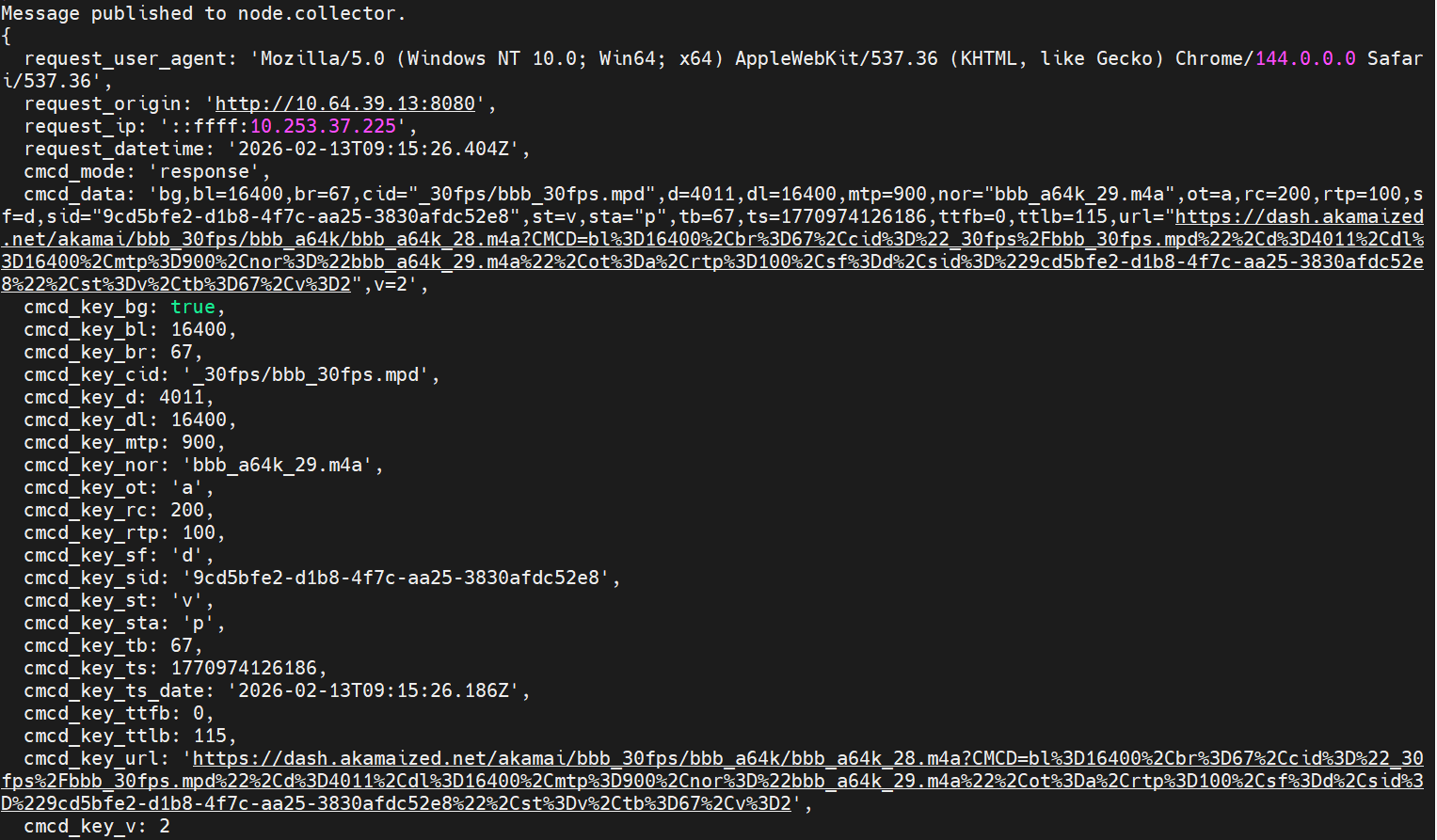 cmcd-toolkit collector log showing CMCD v1 to v2 conversion