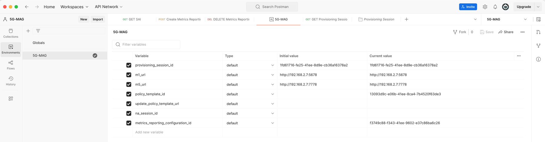 Screenshot of the Postman Environments panel showing the provisioning_session_id variable