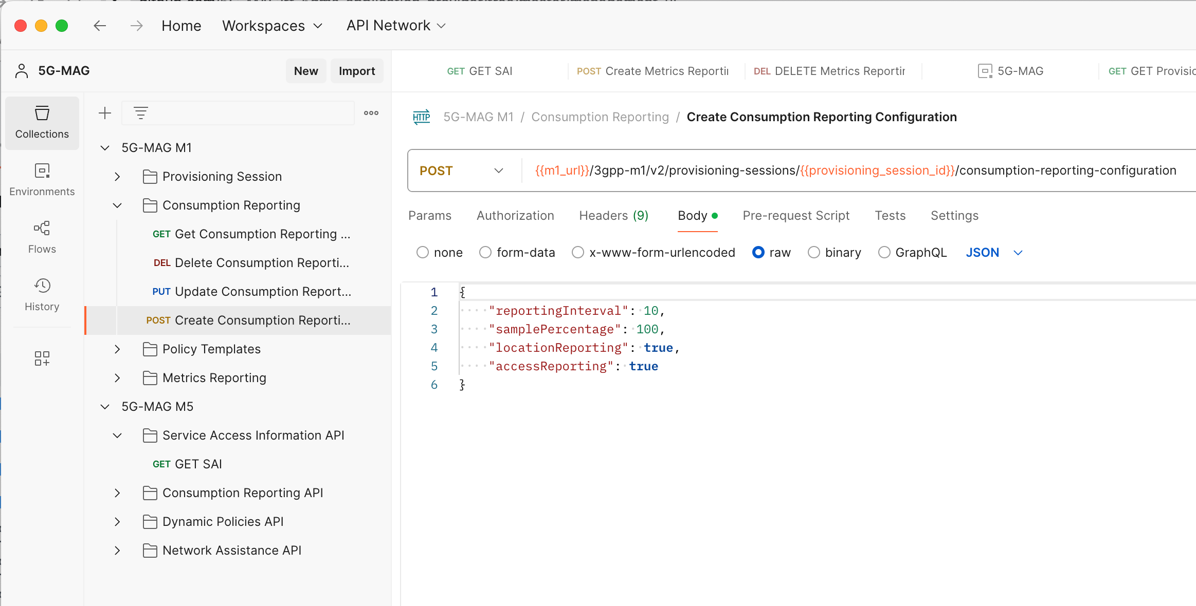 Screenshot of the Postman client sending the M1 Create Consumption Reporting Configuration request