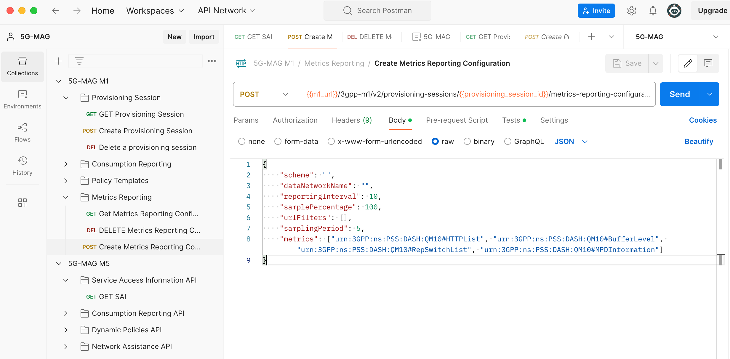 Screenshot of the Postman client showing the 5G-MAG M1 Create Metrics Reporting Configuration request being sent