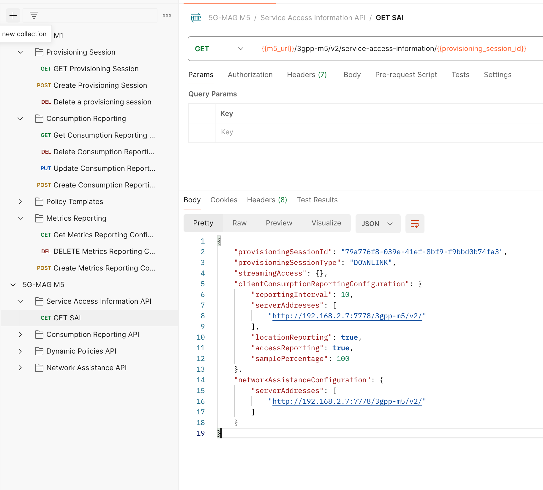 Screenshot of the Postman client showing the M5 GET Service Access Information response with clientConsumptionReportingConfigurations