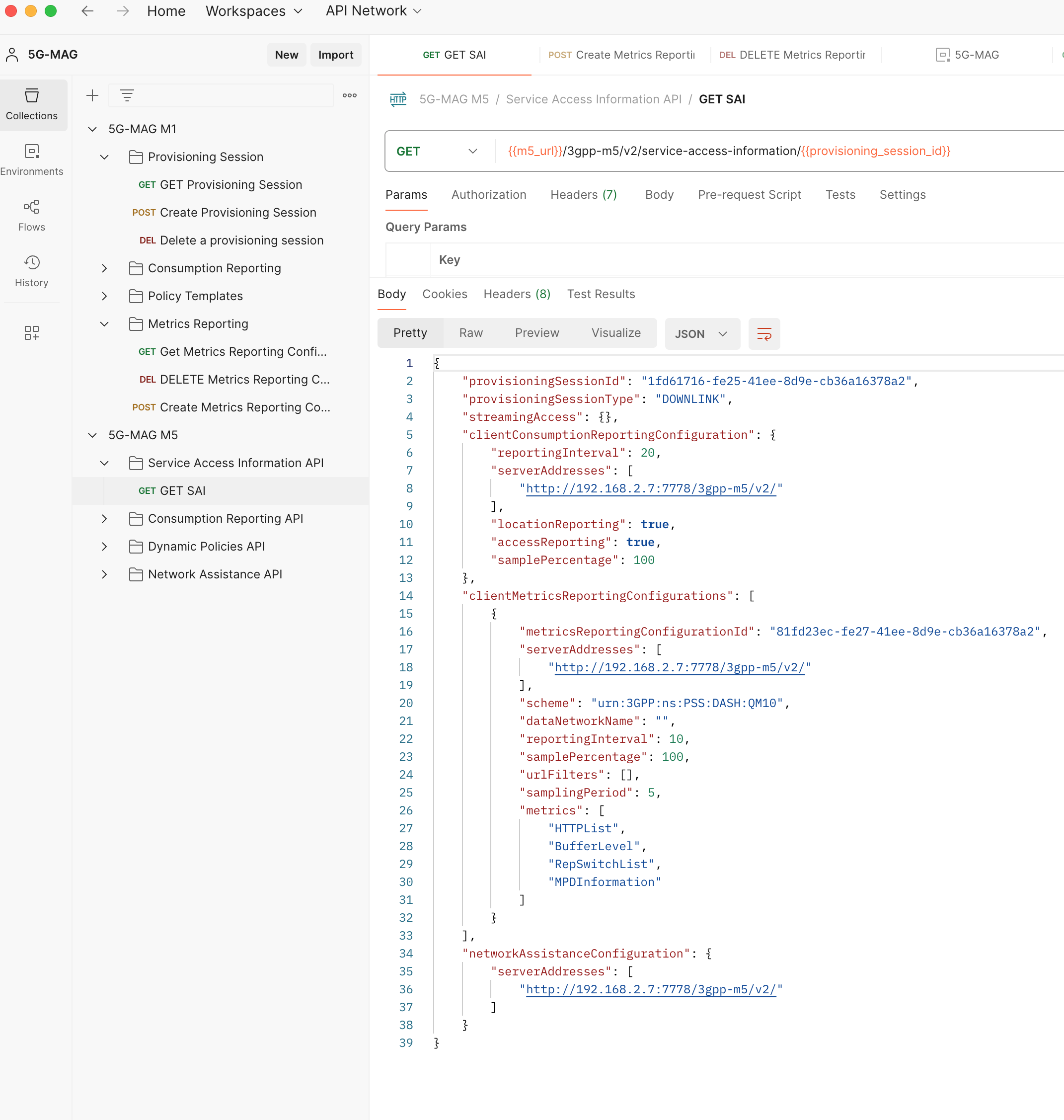 Screenshot of the Postman client showing the M5 GET Service Access Information response containing clientMetricsReportingConfigurations