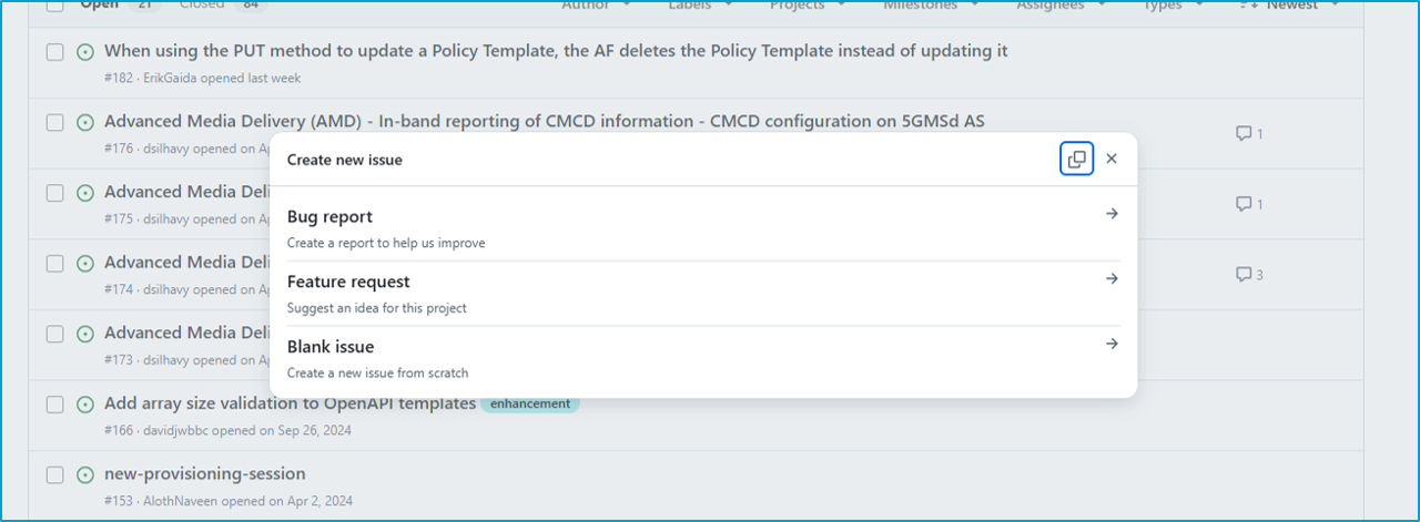 New issue dialog with the issue type selection menu open