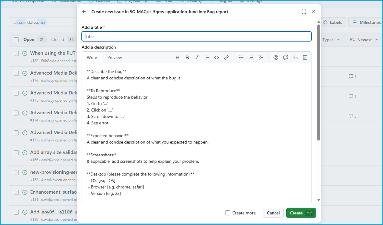 Issue form with the description field being filled in