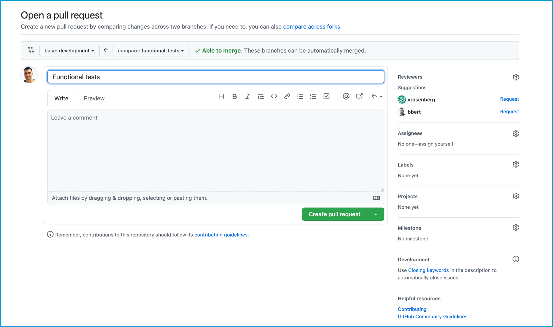 GitHub interface with the New pull request button highlighted