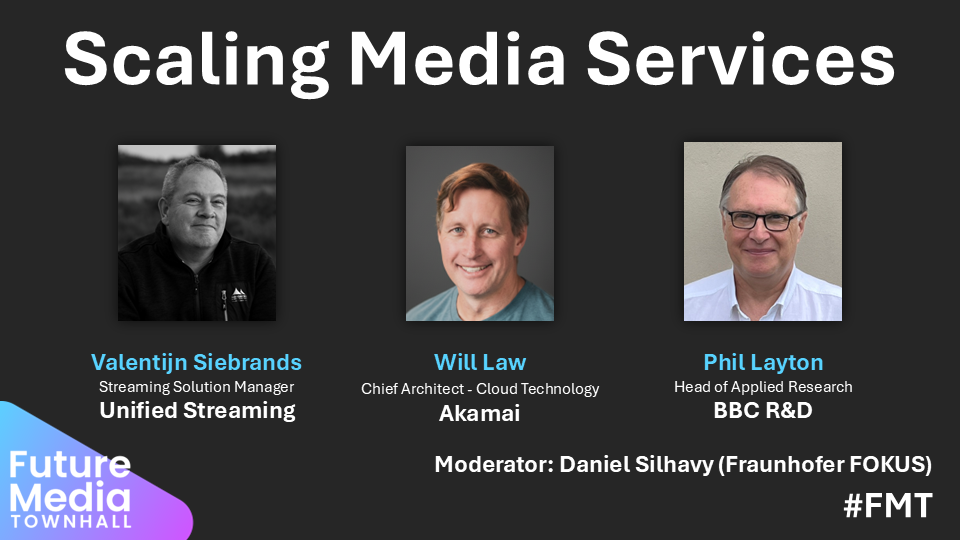 Session 1 confirmed speakers: Valentijn Siebrands (Unified Streaming), Will Law (Akamai), Phil Layton (BBC R&D). Moderator: Daniel Silhavy (Fraunhofer FOKUS)