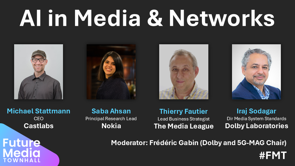 Session 2 confirmed speakers: Michael Stattmann (Castlabs), Saba Ahsan (Nokia), Thierry Fautier (The Media League), Iraj Sodagar (Dolby Laboratories). Moderator: Frédéric Gabin (Dolby, 5G-MAG Chair)