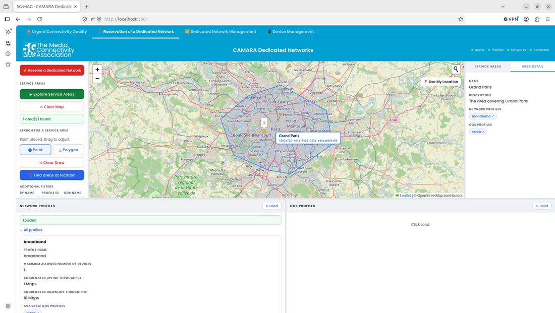 CAMARA Dedicated Networks reference tool demo interface