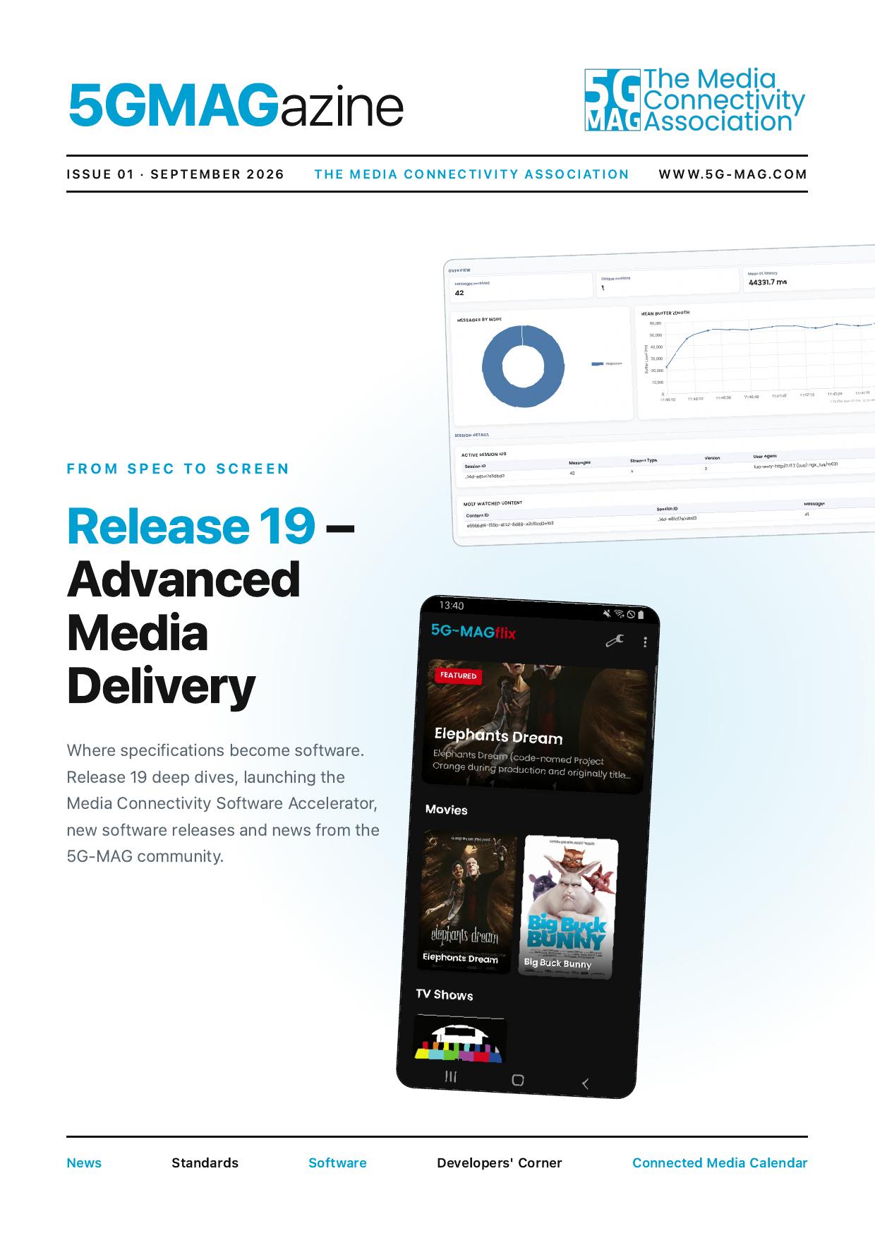 5G-MAGazine, Issue 01, September 2026 cover: 'From Spec to Screen — Release 19: Advanced Media Delivery'