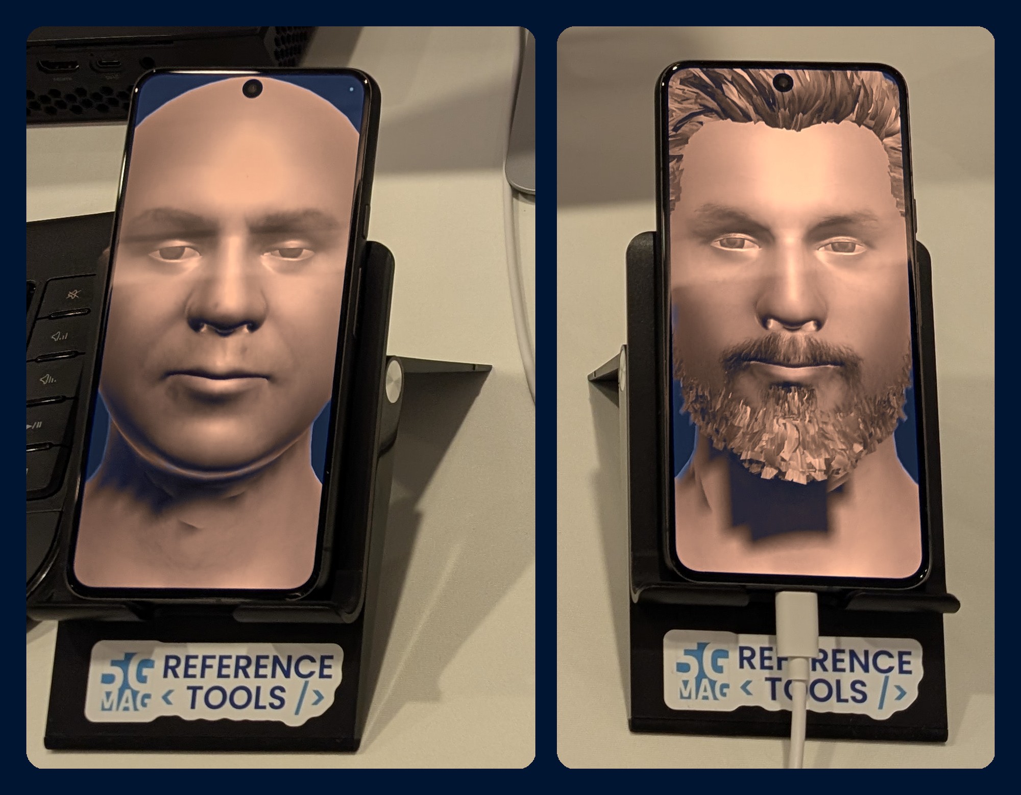 Two phones on 5G-MAG Reference Tools stands, each showing an avatar: the two ends of an avatar call at the MPEG meeting in Geneva