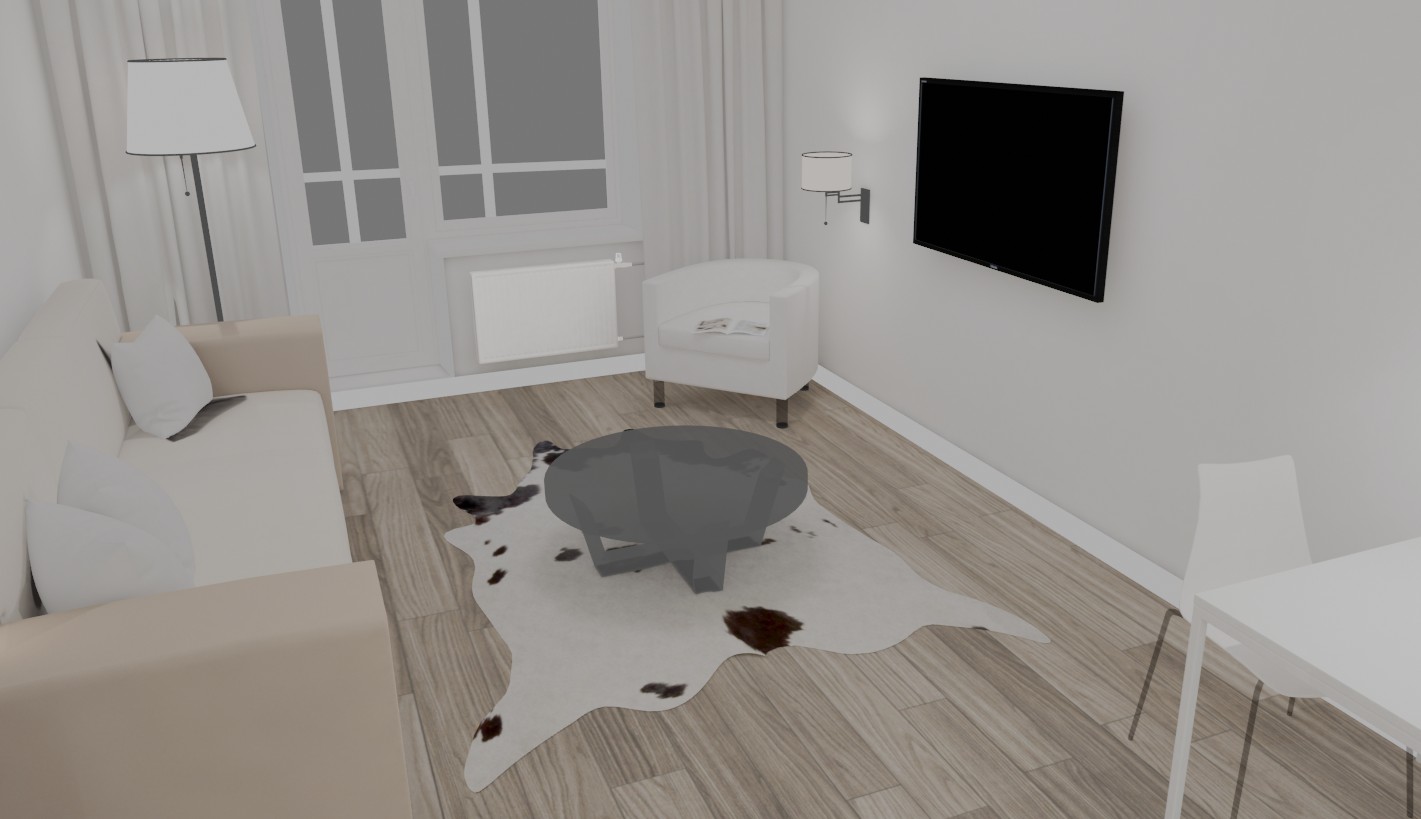 A studio apartment scene with a wall-mounted screen, used for a media demo
