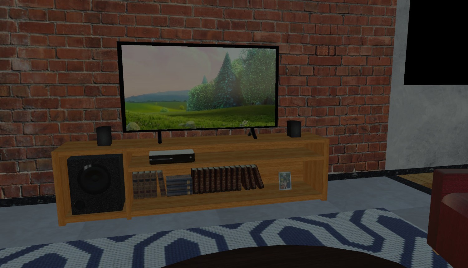 A living room scene with a television playing a video, one of the reference scenes with timed video and spatial audio