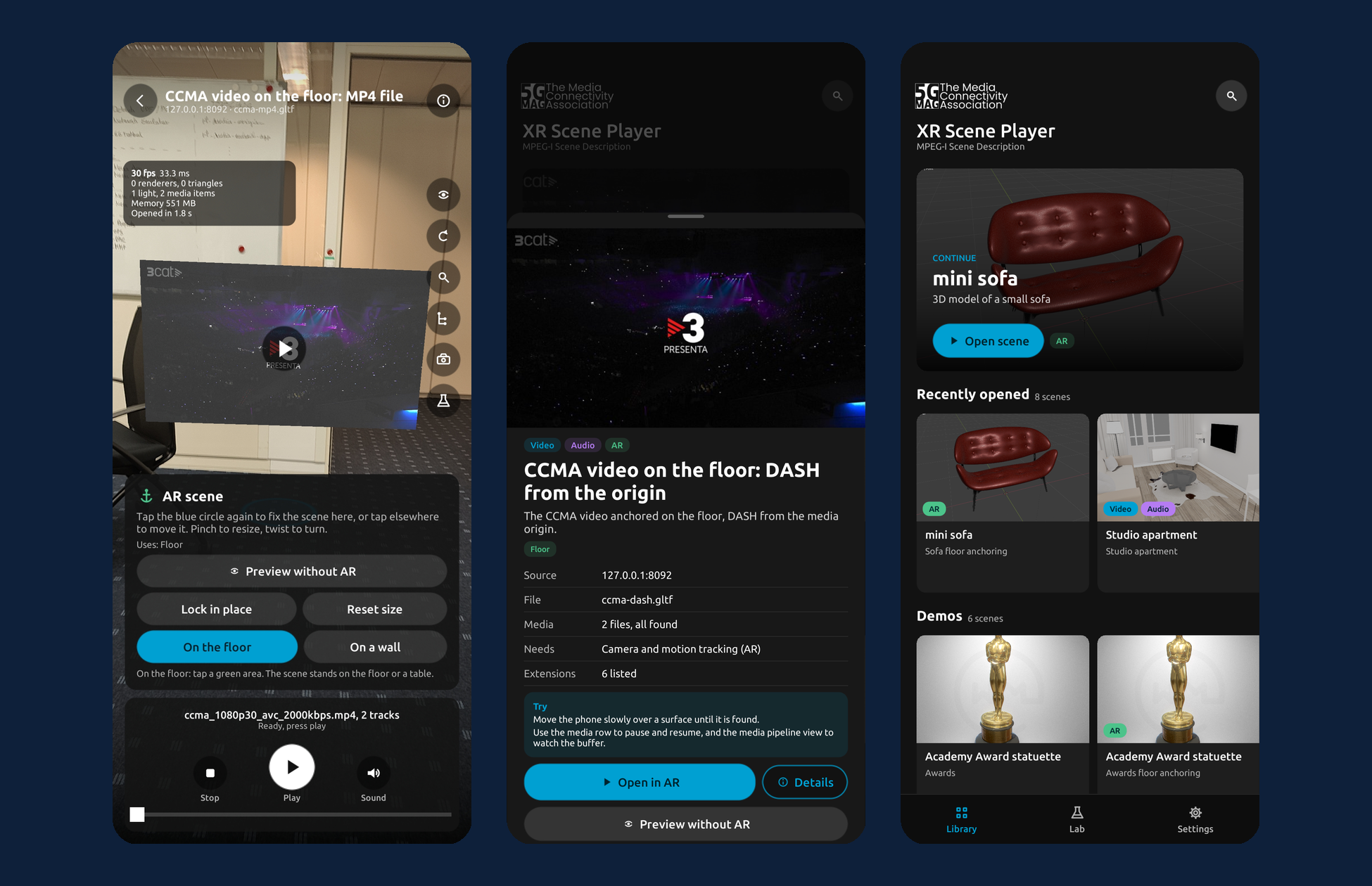 The XR Scene Player on an Android phone: a video scene anchored on the floor with the AR and media controls, the scene details, and the content library