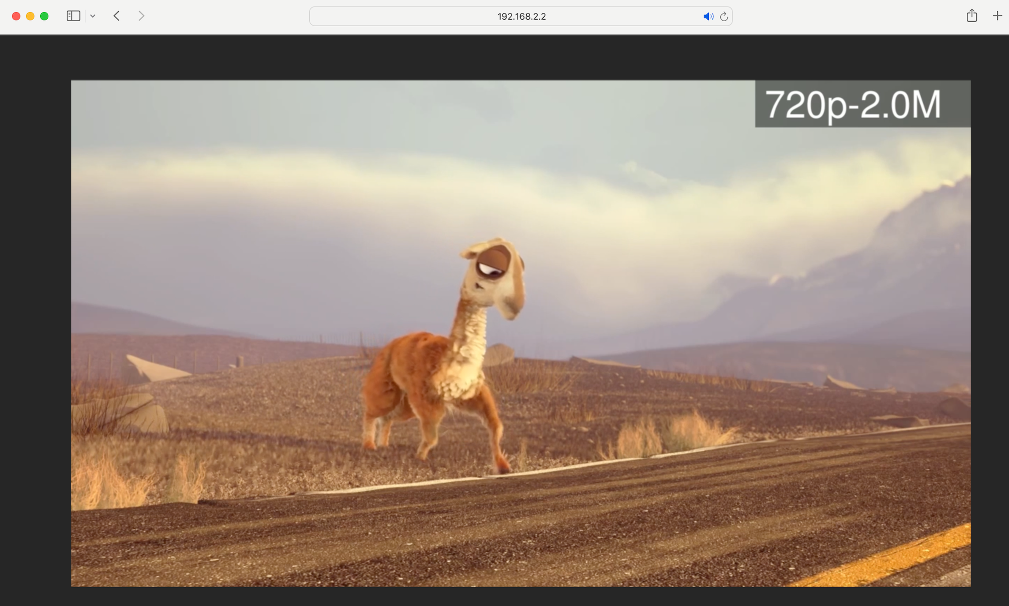Safari browser playing the HLS stream over unicast (OTT), showing the stream URL in the address bar