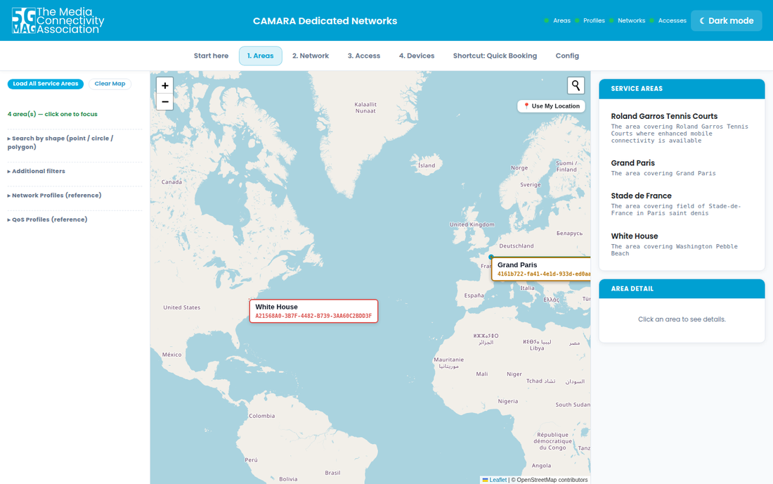 The Areas tab with the service areas of the sandbox on the map and in the list