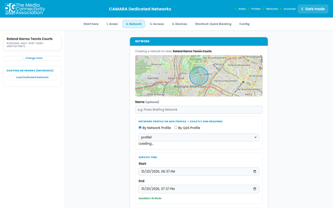 The Network tab: area, profile and service time