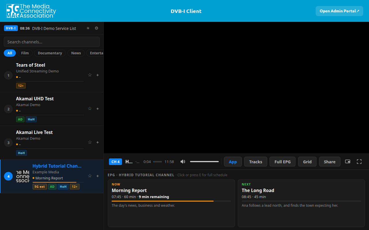 The DVB-I Application with the Hybrid Tutorial Channel selected and its 5G ext badge