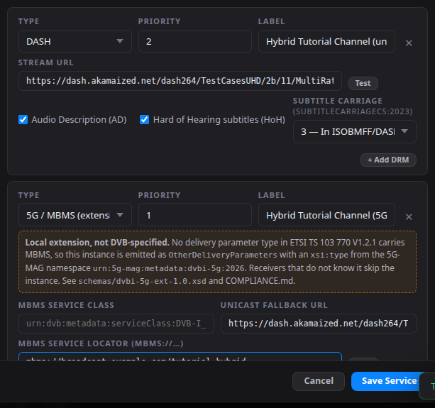 The two instances of the service: DASH with priority 2, and 5G / MBMS with priority 1