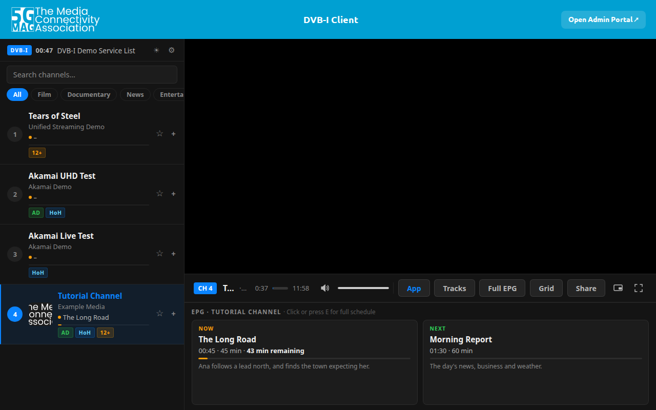 The client with a channel selected: the channel list, the player and the now and next guide