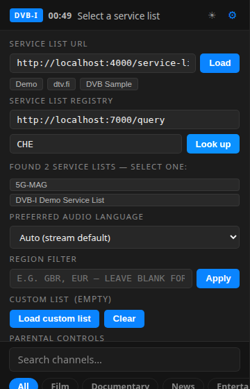 The settings panel after a look-up: two service lists to choose from