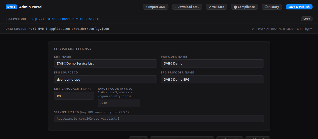 The admin portal: the toolbar, the service list settings and the first channel