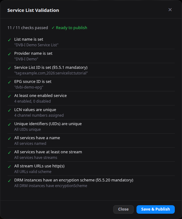 The Service List Validation dialog, 11 of 11 checks passed