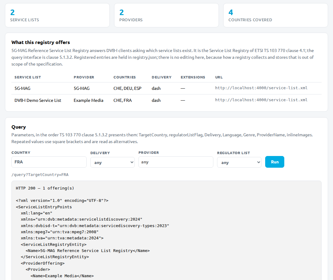 The registry page with two service lists and the response to TargetCountry=FRA