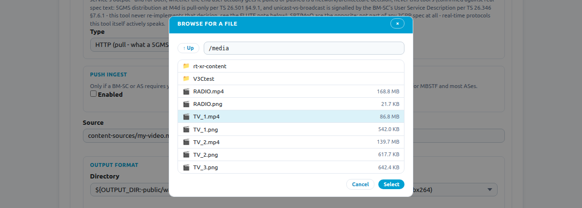 The Browse dialog: choosing TV_1.mp4 from the media folder