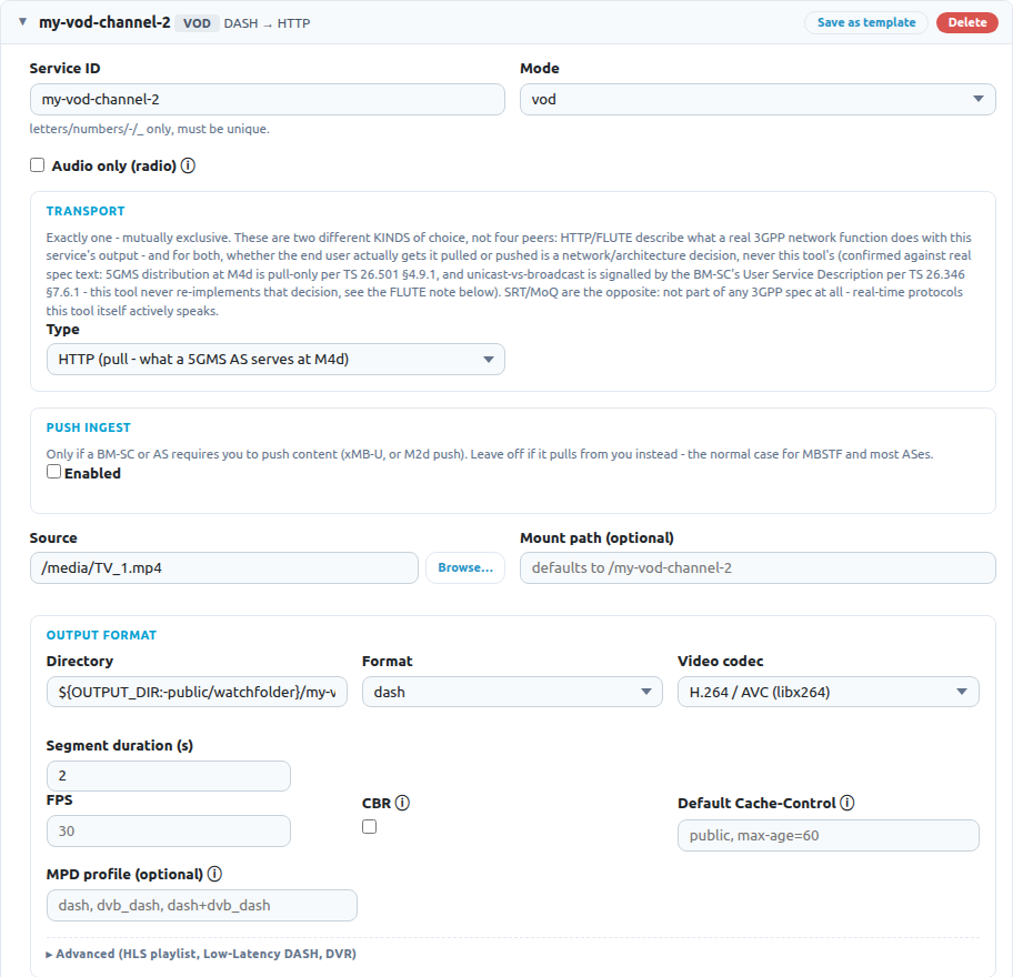 The new channel: Source filled in, with its output folder below