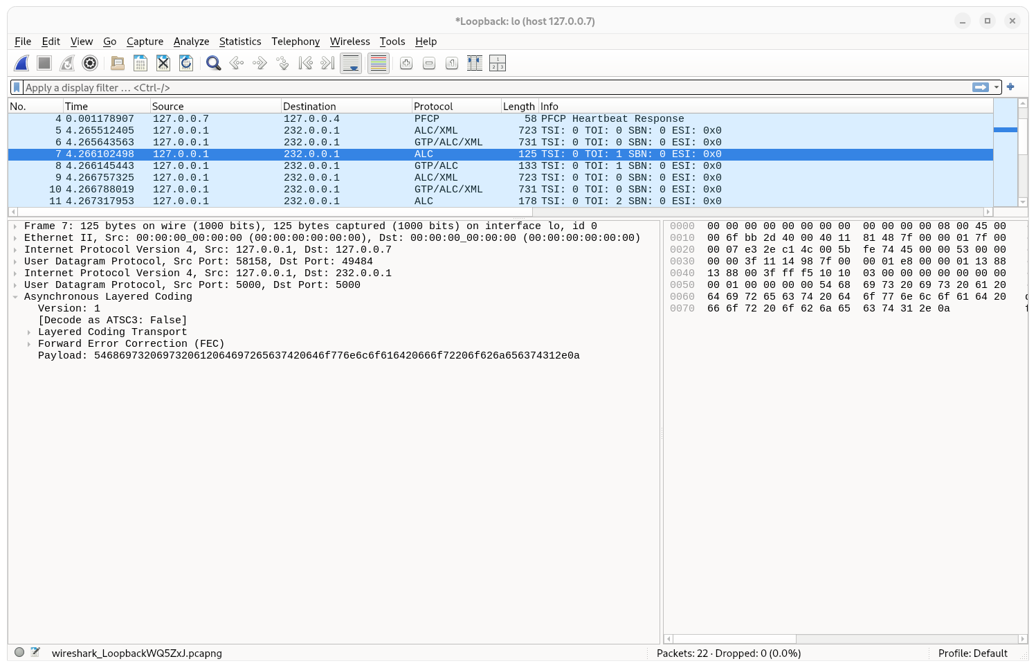 Wireshark capture showing the file packet (TOI 1) for the first object from the PULL SINGLE Distribution Session