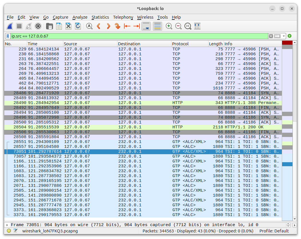 Wireshark capture of an MBS User Service Announcement packet sent from 127.0.0.67 to 232.0.0.1
