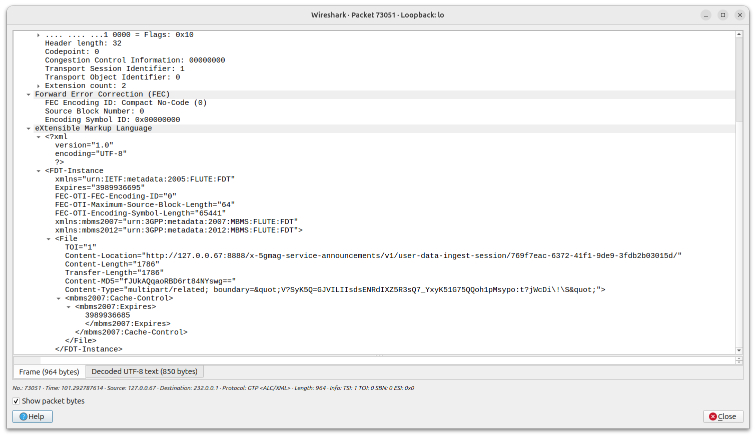 Wireshark capture showing the User Service metadata carried in the announcement