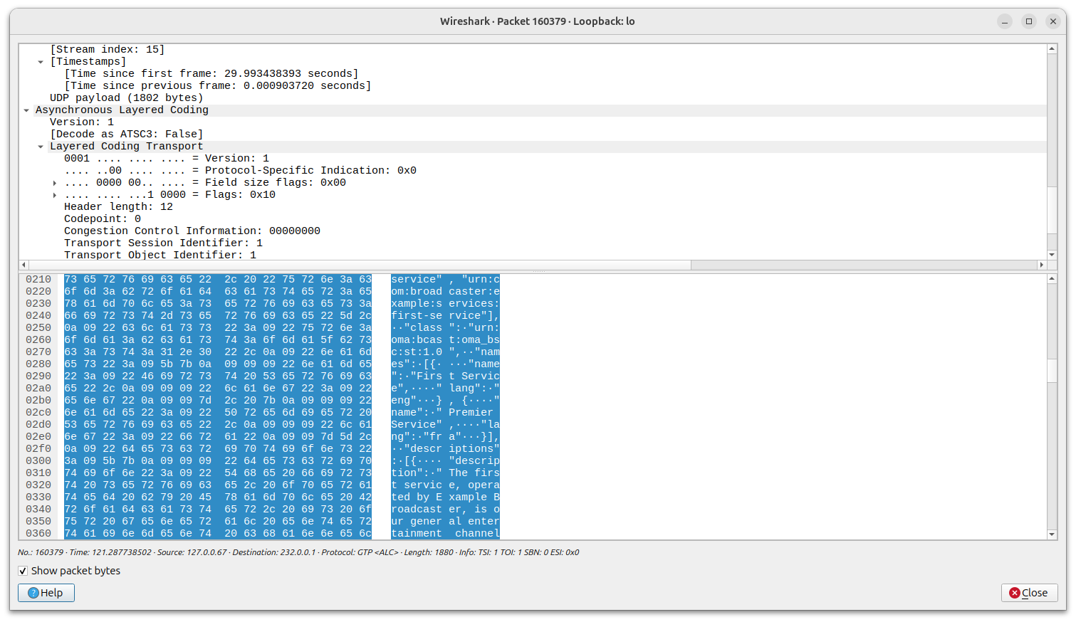 Wireshark capture showing the content and control-plane details carried in the announcement