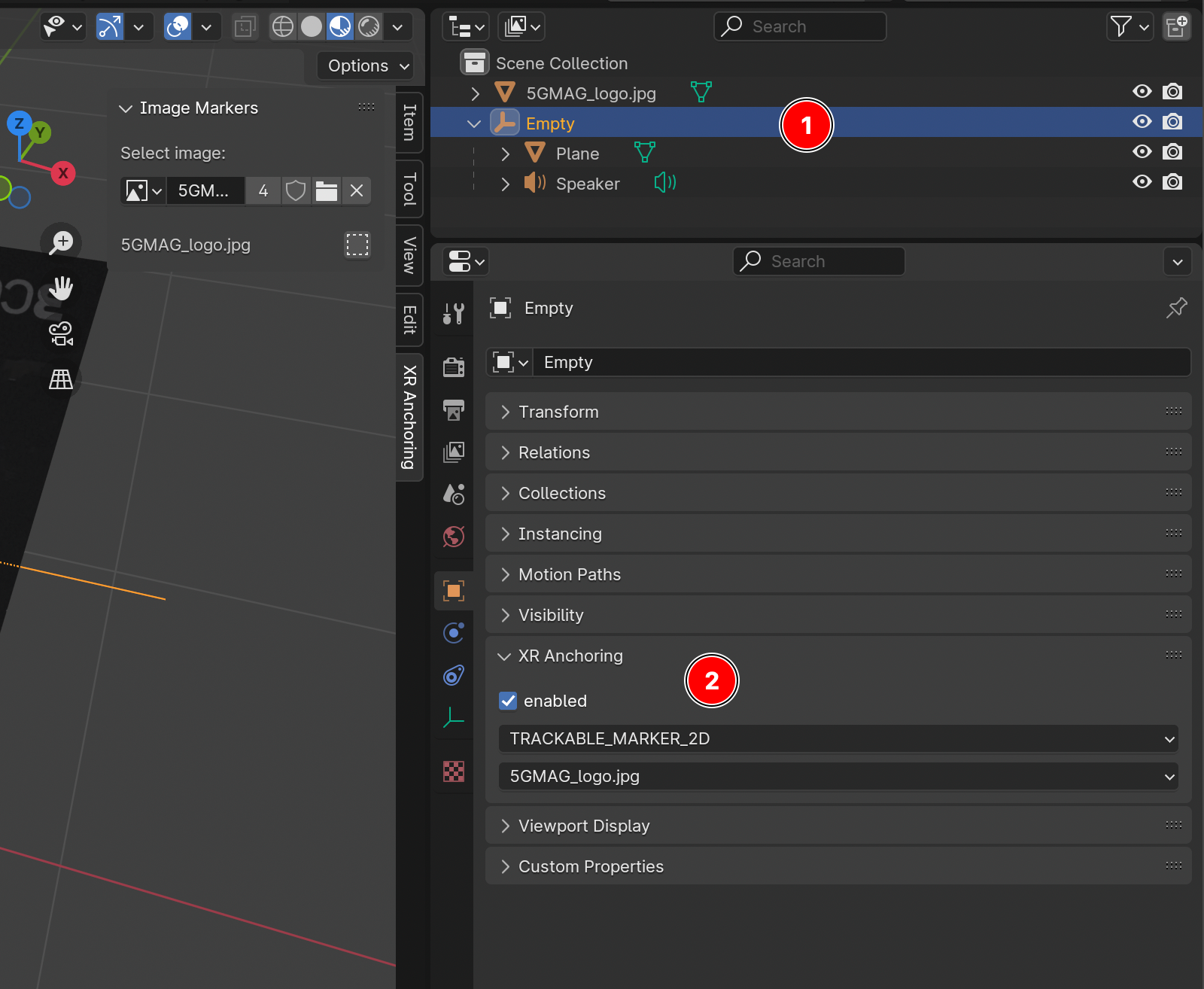 Blender XR Anchoring panel in object properties, with an anchor type selected