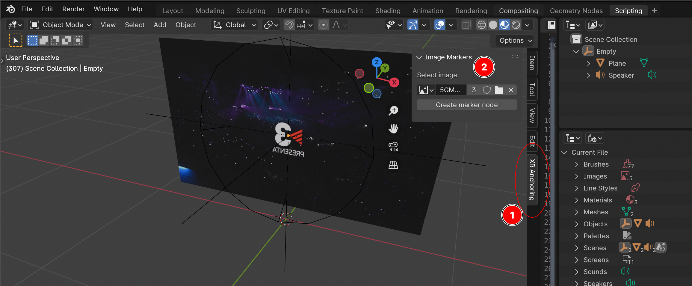 Blender XR Anchoring panel used to create a 2D marker node from an image