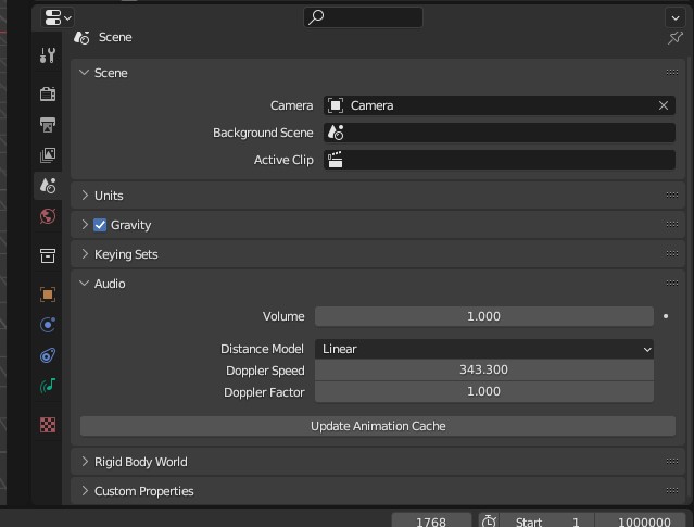 Blender scene audio properties showing the attenuation model setting