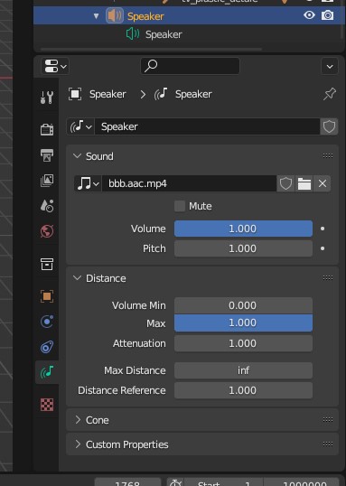 Blender Speaker node with a mono sound file and distance parameters configured