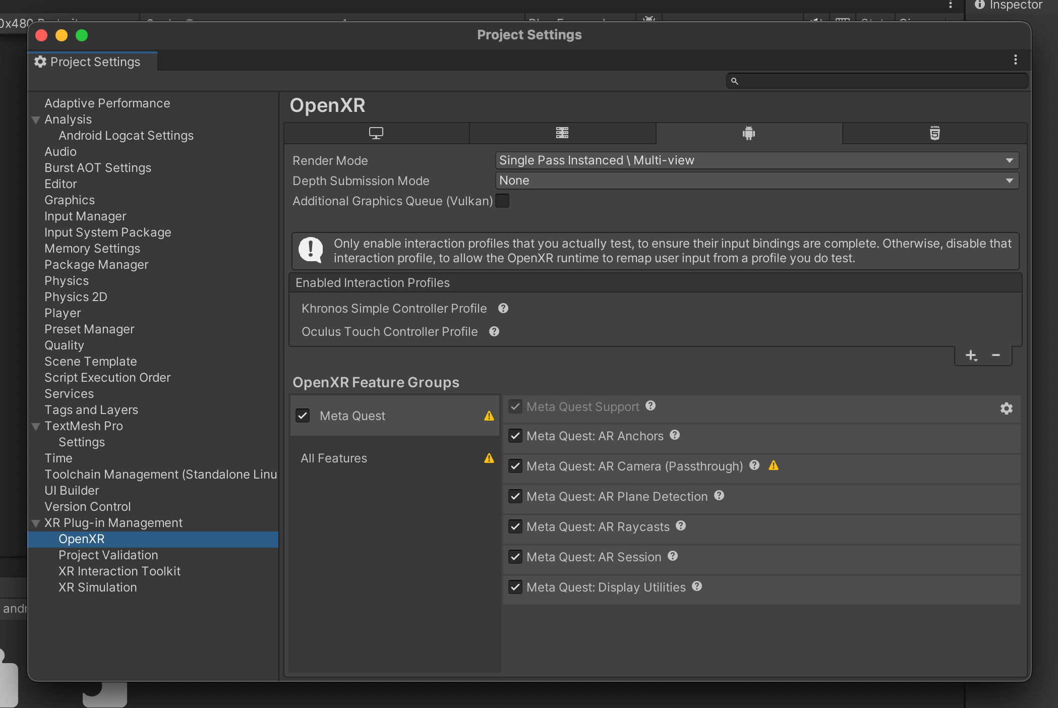 Unity OpenXR feature settings with Meta Quest support enabled