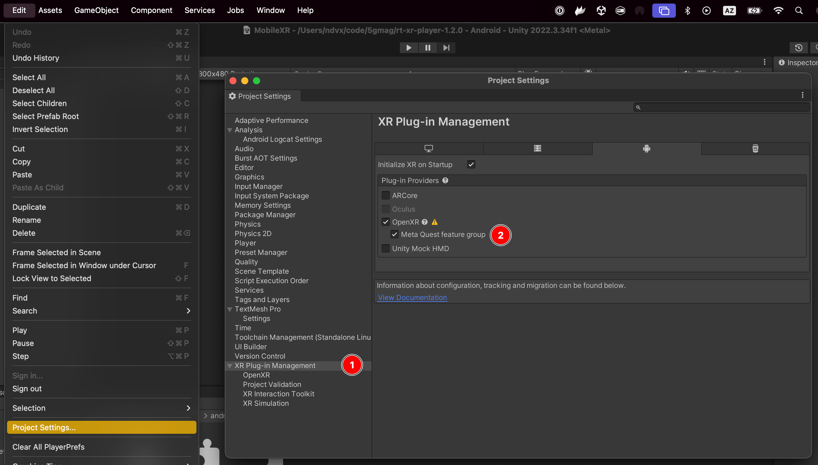 Unity OpenXR project settings showing Meta Quest interaction profiles