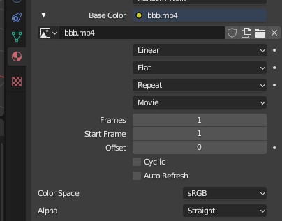 Blender material shader slot set to an Image texture with a movie source