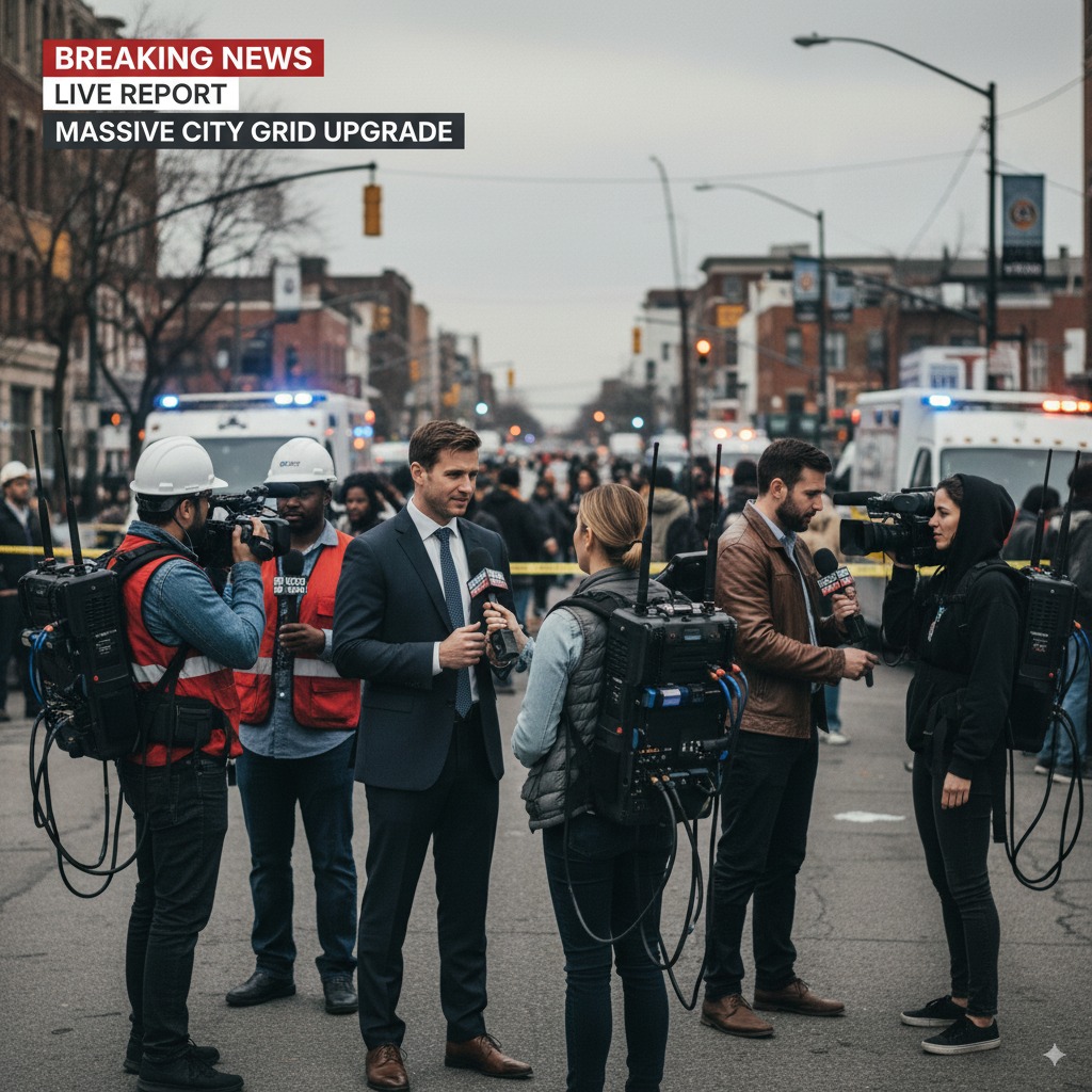 Photo illustrating breaking news coverage using cellular bonding equipment, such as backpacks and modems, for live reporting from a remote location